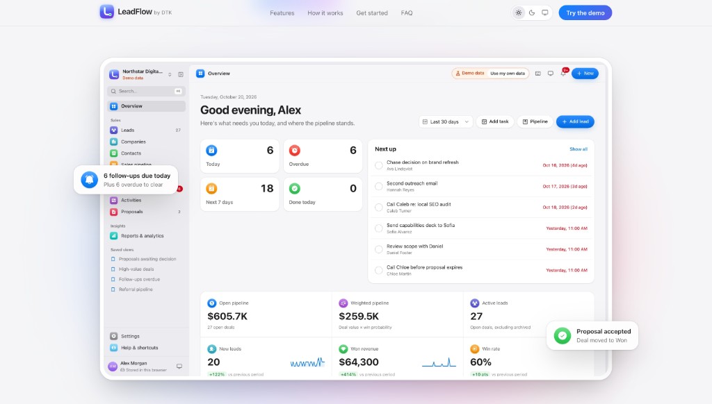 LeadFlow by DTK — pipeline, follow-ups and proposals in the browser